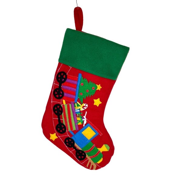 Christmas Holiday Train Embroidered Red & Green Felt Stocking 17" - Picture 1 of 6